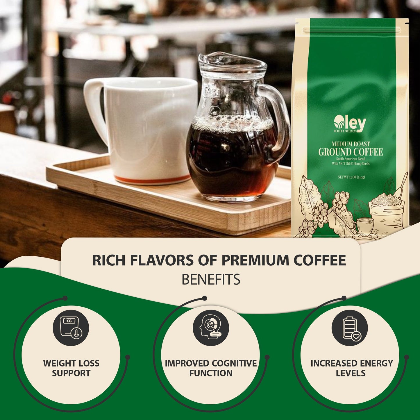 Keto-Friendly Coffee - Medium Roast Ground Coffee with MCT Oil and Hemp Seeds - Oley Health and Wellness