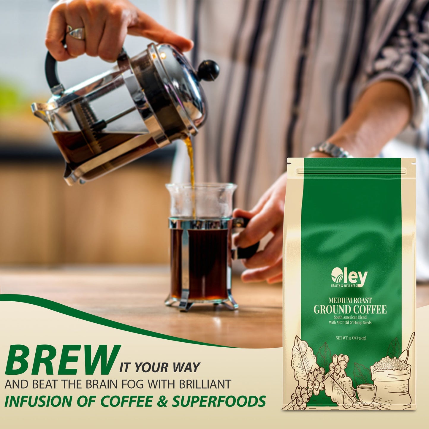 Medium Roast Ground Coffee with MCT Oil & Hemp Seeds - Oley Health and Wellness