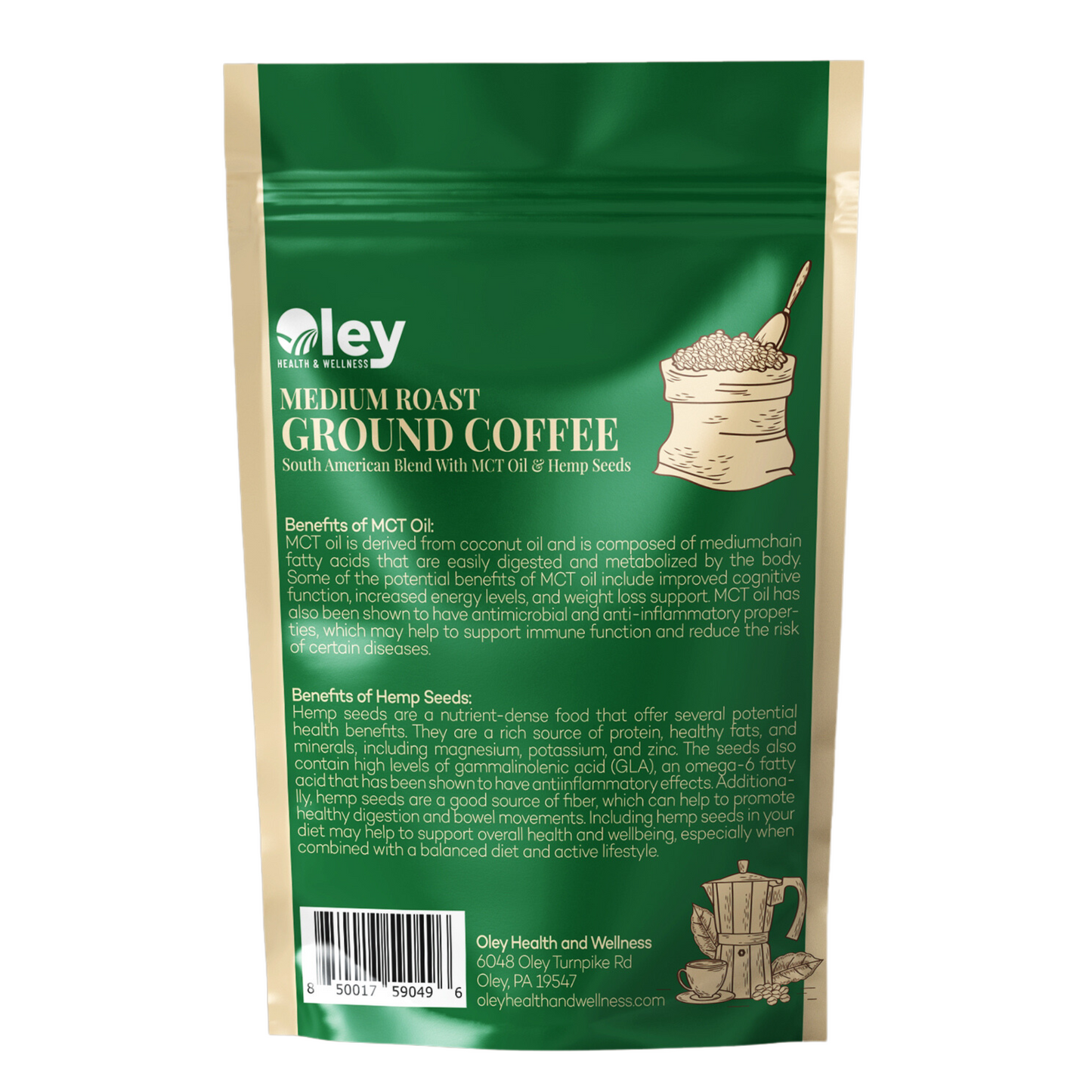 Low-Acidity Medium Roast Coffee with MCT Oil and Hemp Seeds - Oley Health and Wellness