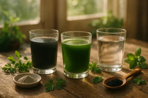 Natural detox binders — charcoal, clay and chlorella waters in warm morning light